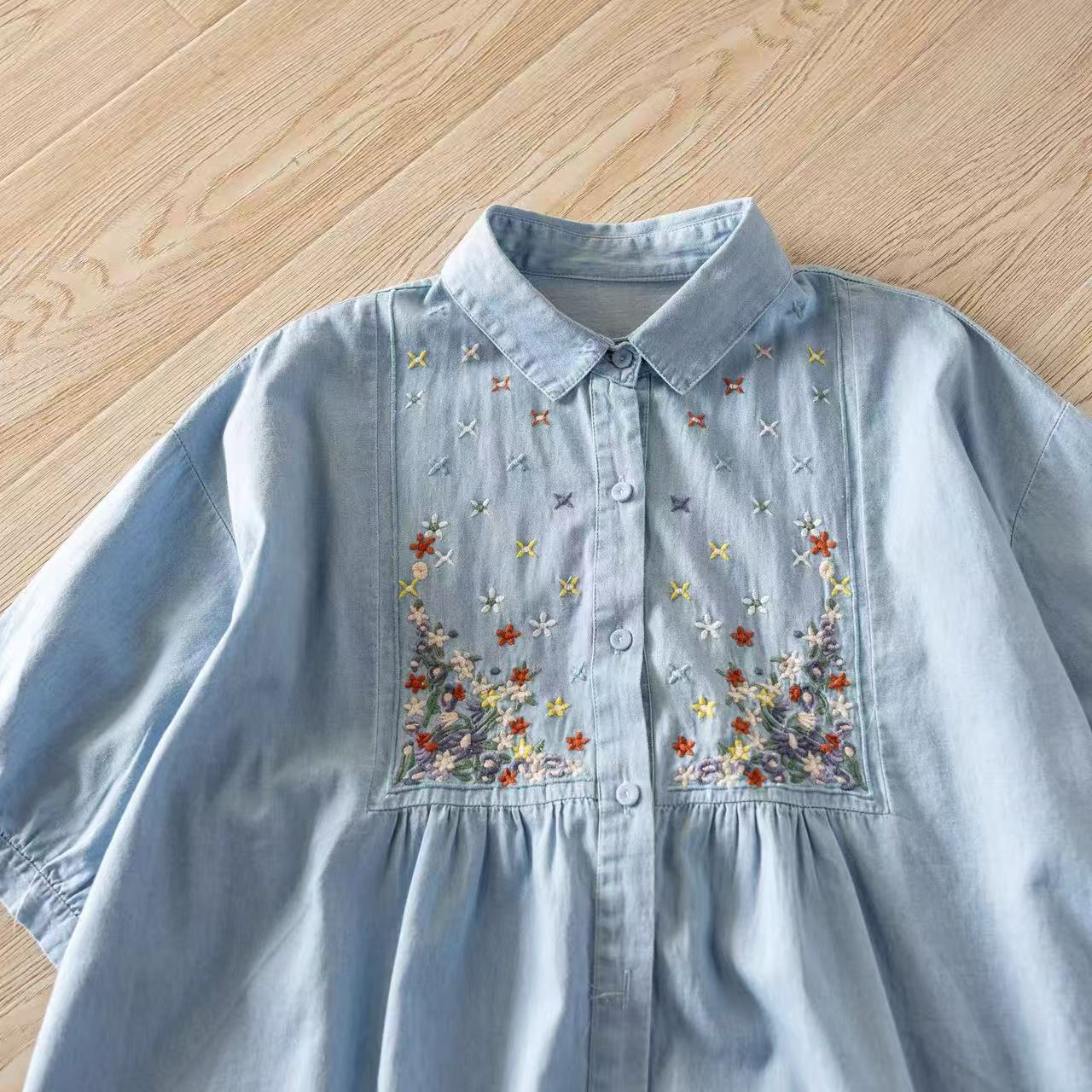 Embroidery On Shirt - 2026 코튼 빈티지 플로럴 자수 데님
