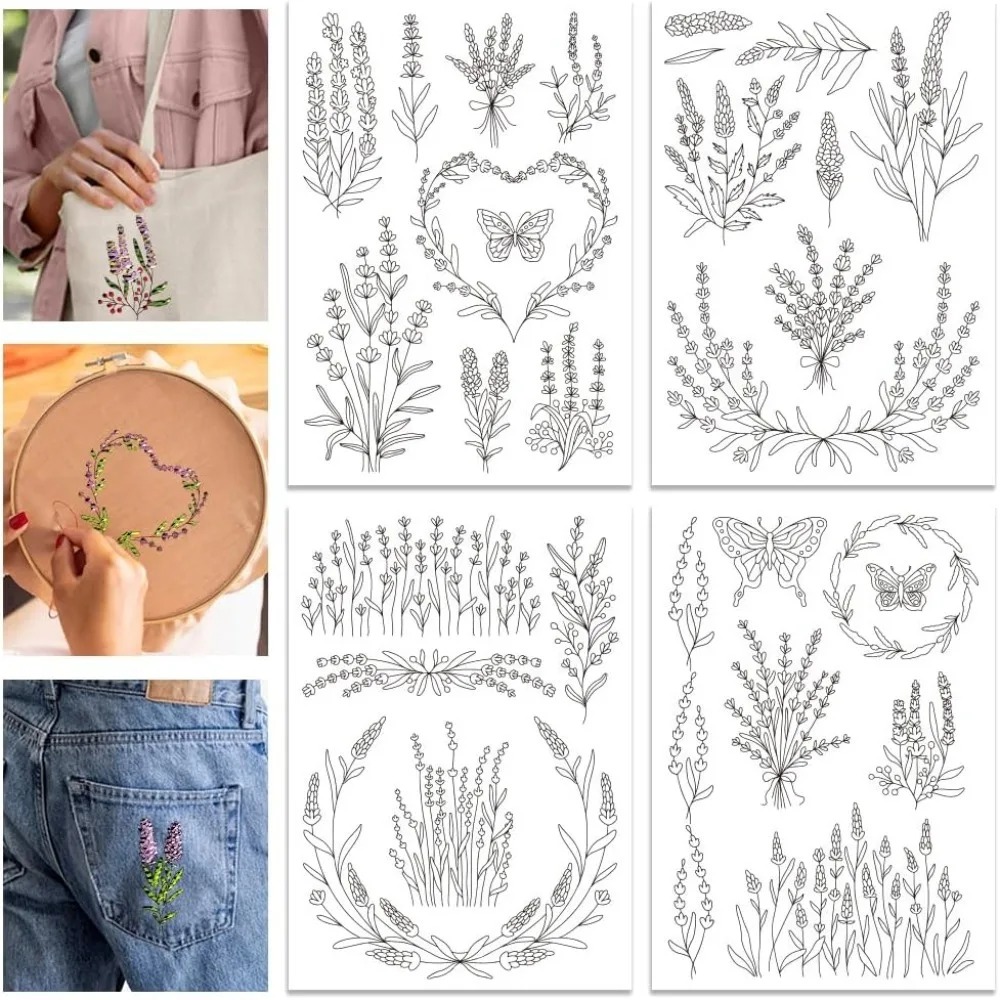 Embroidery Cloth - 4장 라벤더 꽃 나비 수용성 안정제