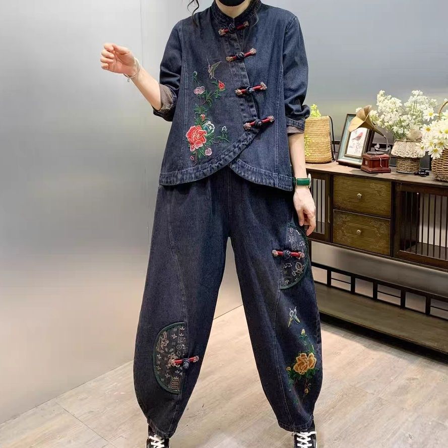 Embroidery Cloth - 빈티지 단추 느슨한 자수 꽃 데님