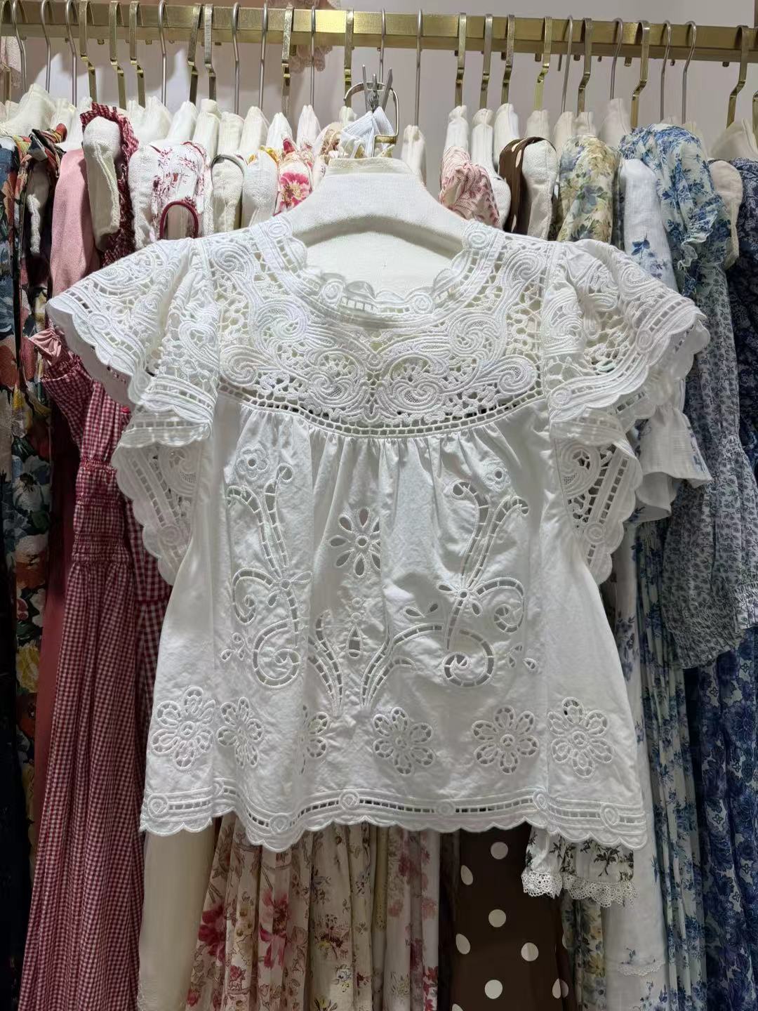 Embroidery On Shirt - 훅 플라워 홀로우 여성 코튼 셔츠
