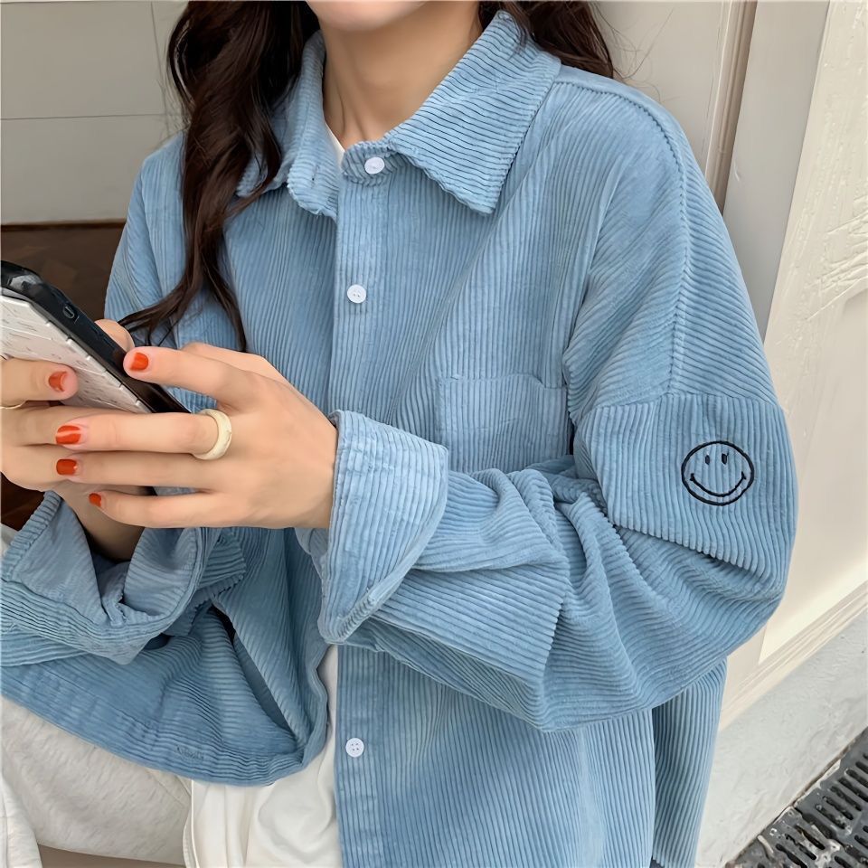 Embroidery On Shirt - 여성용 코듀로이 라펠 캐주얼 자수 상의,
