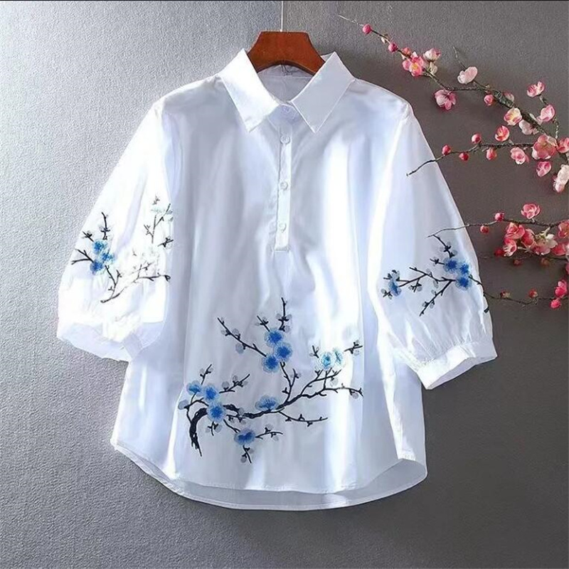 Embroidery On Shirt - 여성용 화이트 자수 셔츠, 여성용 블라우스,