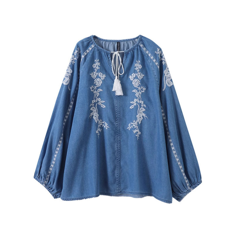 여성 데님 블라우스 탑 플라워 자수 랜턴 슬리브 라운드 - Embroidery On Shirt 리뷰 및 가격