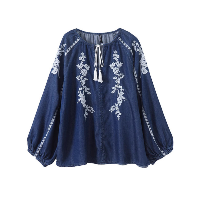 여성 데님 블라우스 탑 플라워 자수 랜턴 슬리브 라운드 - Embroidery On Shirt 리뷰 및 가격