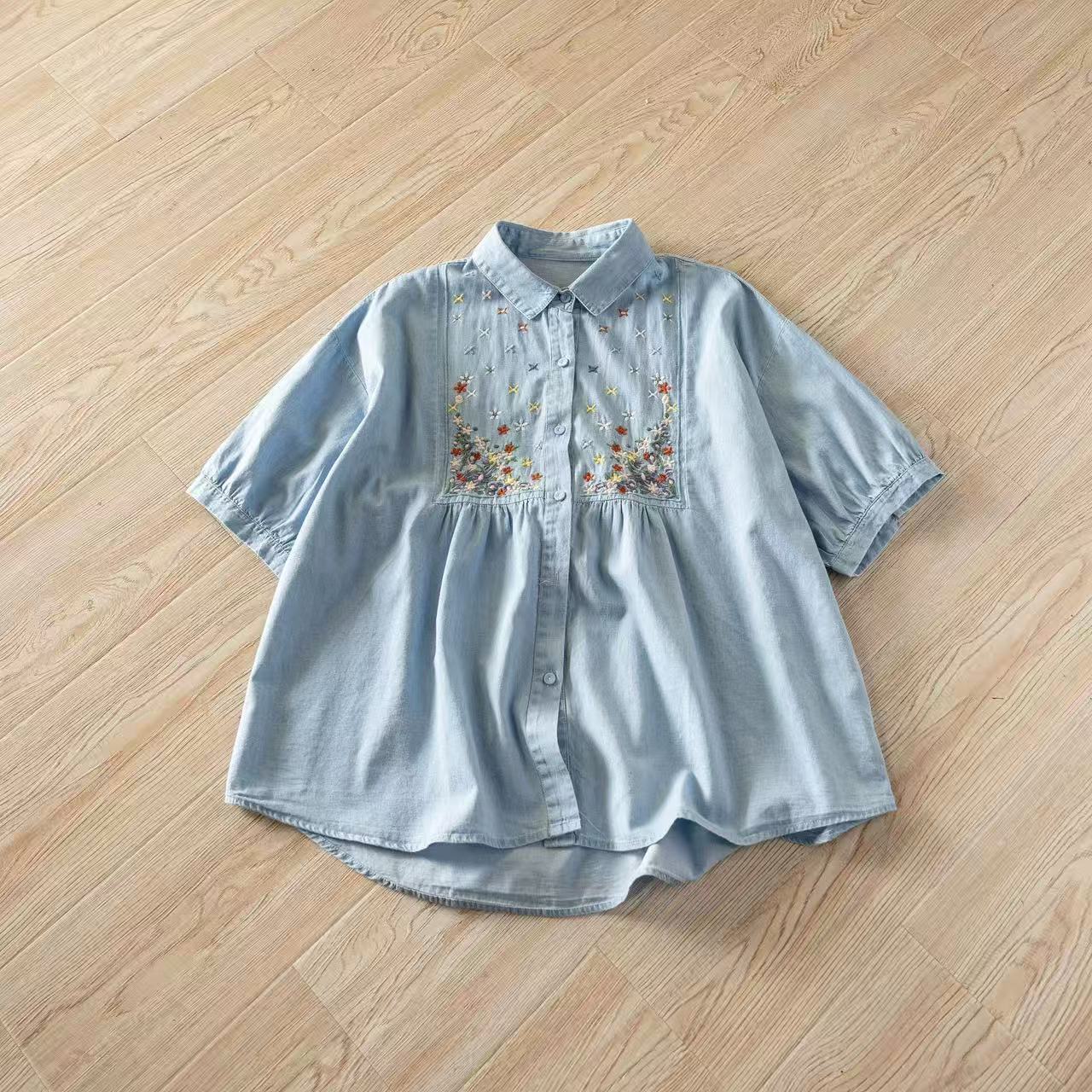 2026 코튼 빈티지 플로럴 자수 데님 반팔 셔츠 루즈 - Embroidery On Shirt 리뷰 및 가격