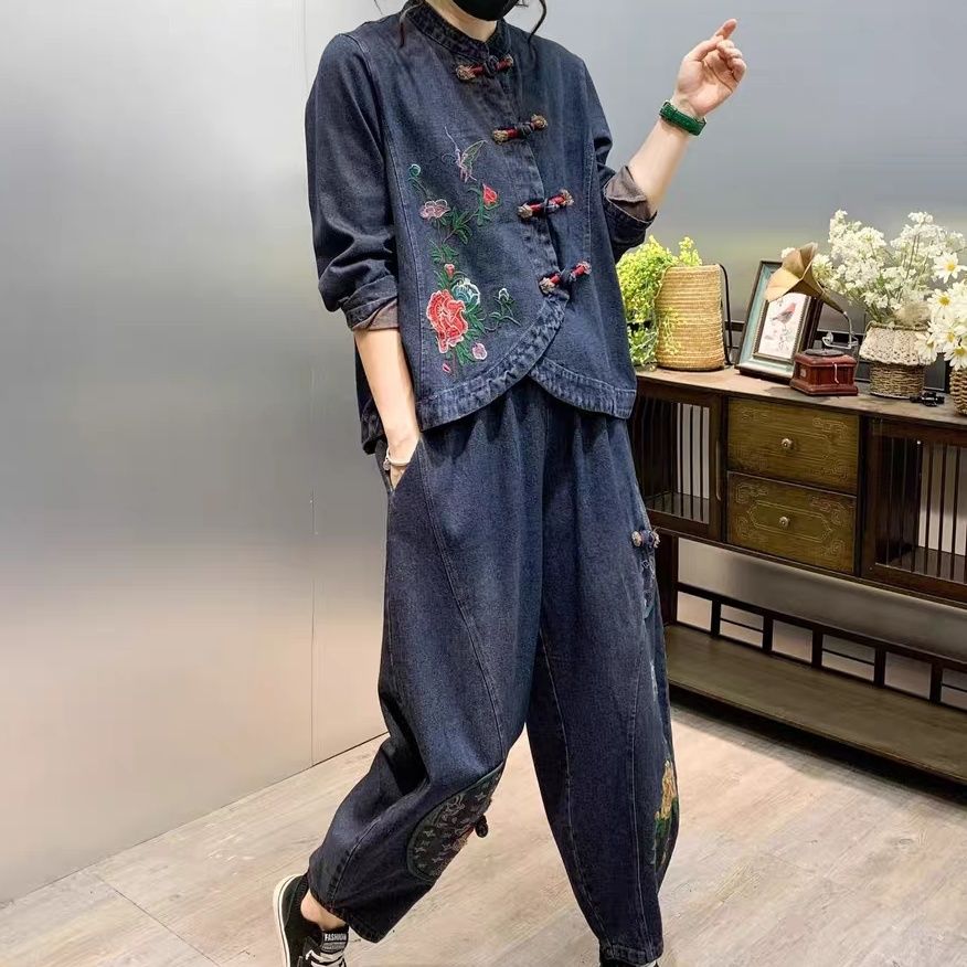 빈티지 단추 느슨한 자수 꽃 데님 패션 세트, 다용도  - Embroidery Cloth 리뷰 및 가격