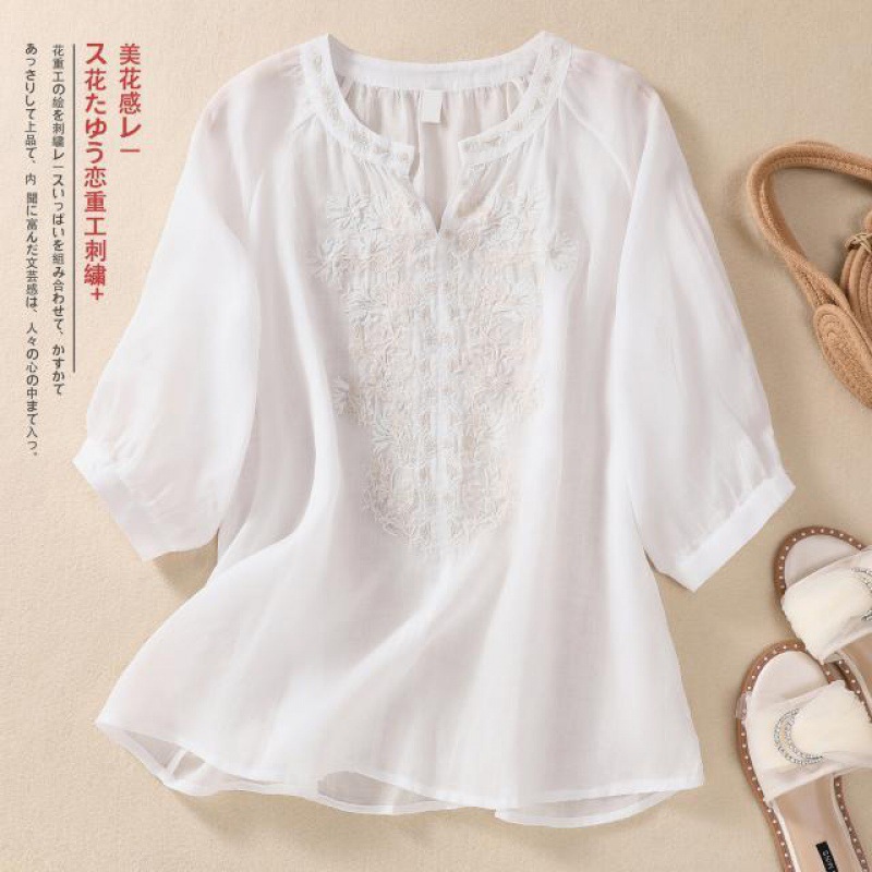 빈티지 리넨 수 놓은 블라우스 여성 여름 V 넥 슬림  - Embroidery On Shirt 리뷰 및 가격