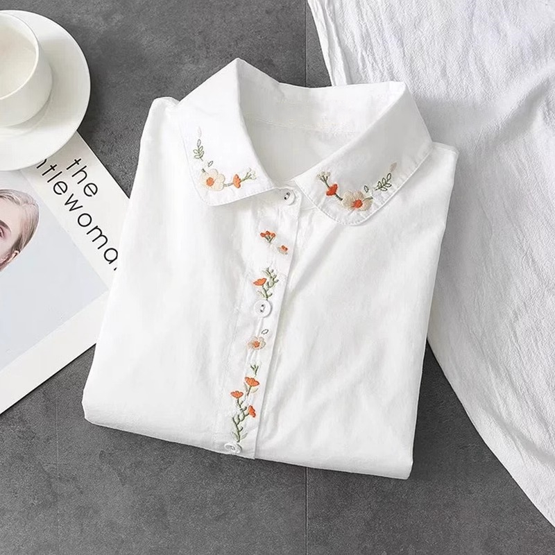 새로운 순수 코튼 화이트 셔츠 여성은 칼라 수 놓은 긴 - Embroidery On Shirt 리뷰 및 가격