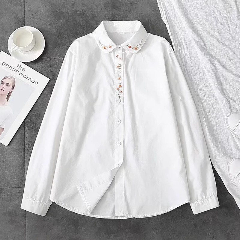 새로운 순수 코튼 화이트 셔츠 여성은 칼라 수 놓은 긴 - Embroidery On Shirt 리뷰 및 가격