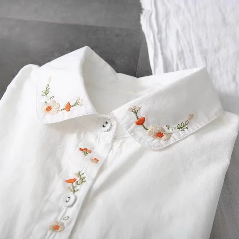 새로운 순수 코튼 화이트 셔츠 여성은 칼라 수 놓은 긴 - Embroidery On Shirt 리뷰 및 가격